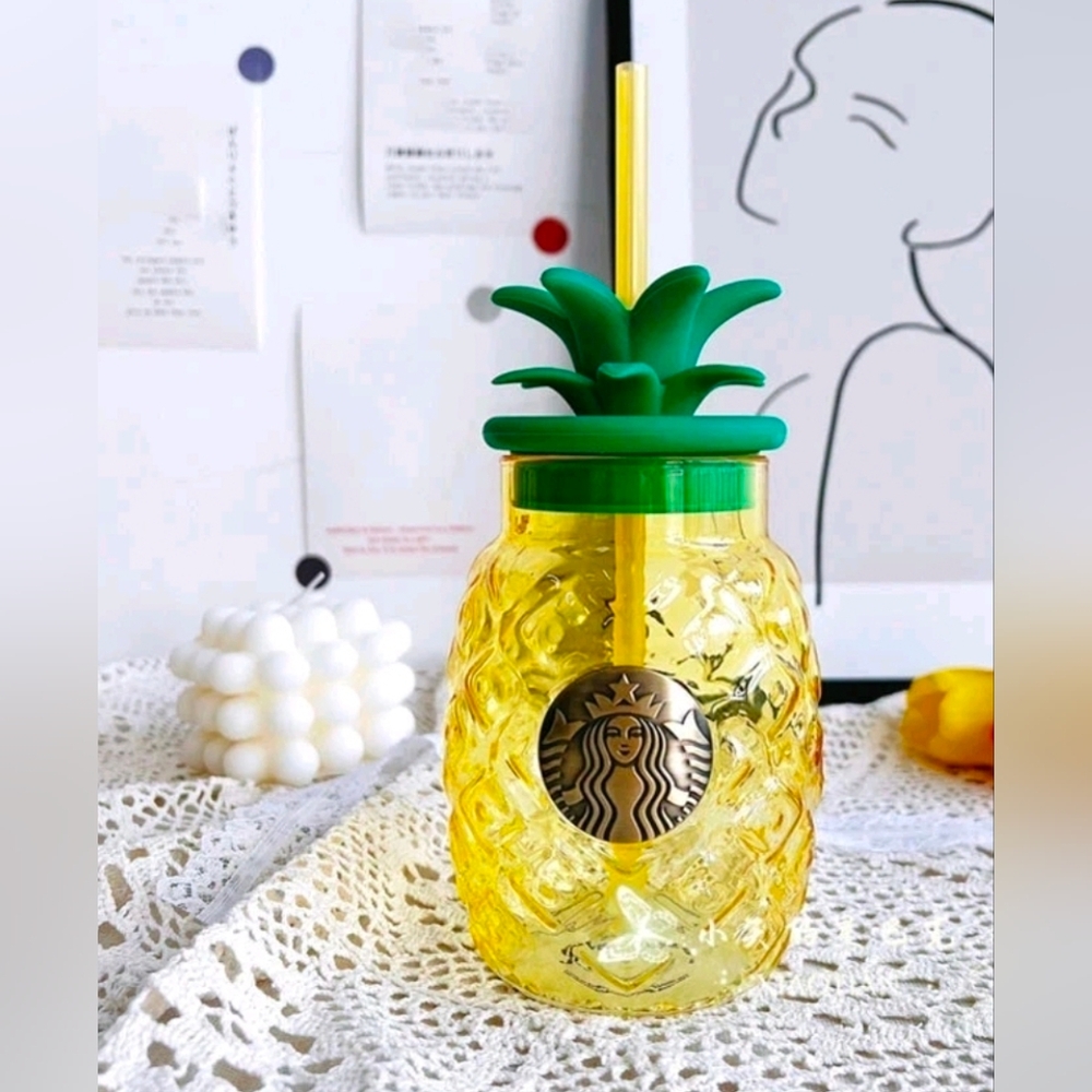 Starbucks Yellow & Green Pineapple Tumbler with Straw Glass